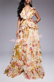 Wedding Season Chiffon Floral Ruched Plunge Open Back Maxi Dress