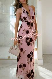 Rose Secret Printed Cowl Neck Halter Backless Maxi Dress