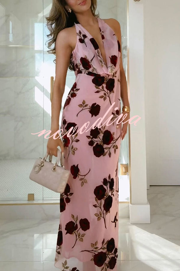 Rose Secret Printed Cowl Neck Halter Backless Maxi Dress