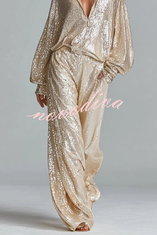 Glamorous Day Sequin Half Zip Loose Shirt and Elastic Waist Pocket Wide Leg Pants Set