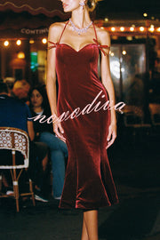 Althea Velvet Sweetheart Neck Bow Strap Fishtail Hem Stretch Midi Dress