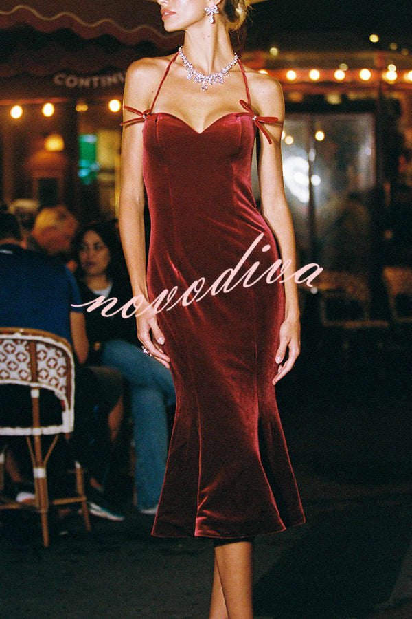 Althea Velvet Sweetheart Neck Bow Strap Fishtail Hem Stretch Midi Dress