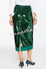 Shimmer Scene Sequin Patchwork Hem High Rise Slit Pencil Midi Skirt