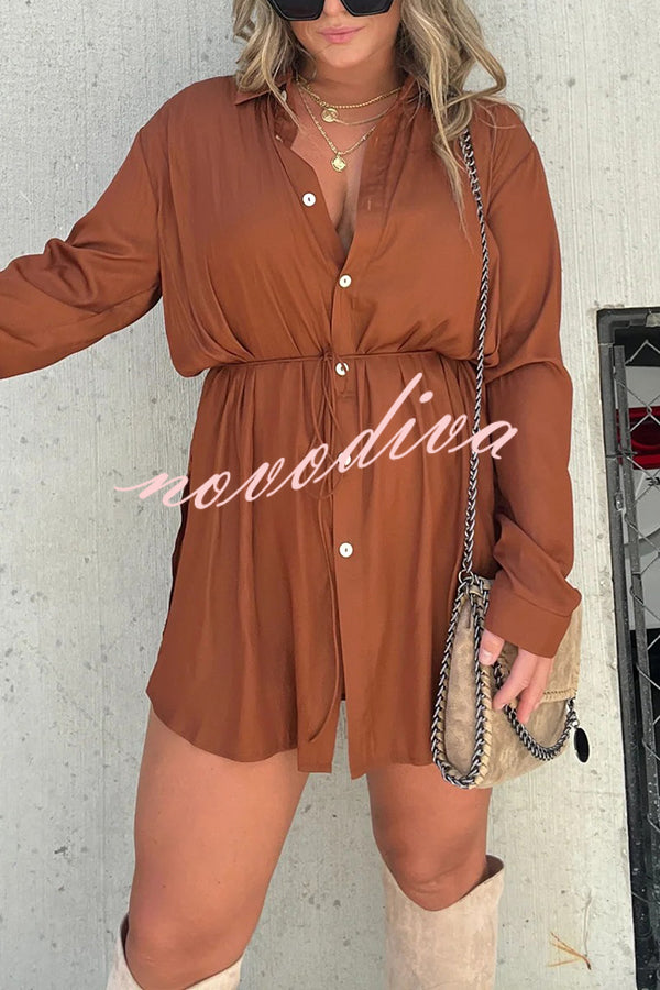 Solid Color Long Sleeve Button Casual Shirt-Style Rompers