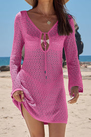 Solid Color Knit Hollow V-Neck Tie Long Sleeve Cover Up Mini Dress