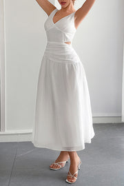 Solid Color V-neck Sleeveless Waist Hollow Out Maxi Dress