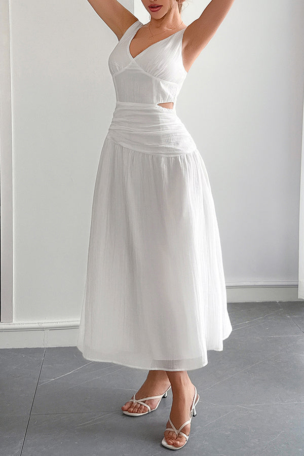 Solid Color V-neck Sleeveless Waist Hollow Out Maxi Dress