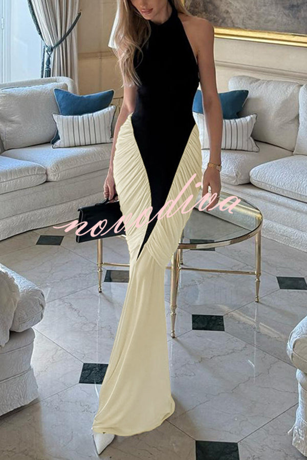 Fashionable Contrast Color Open Back Side Pleated Draped Maxi Dress