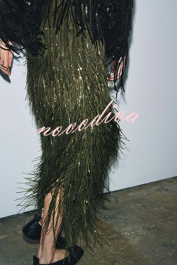 Party Crasher Layered Sequined Tassels High Rise Back Zipper Midi Skirt