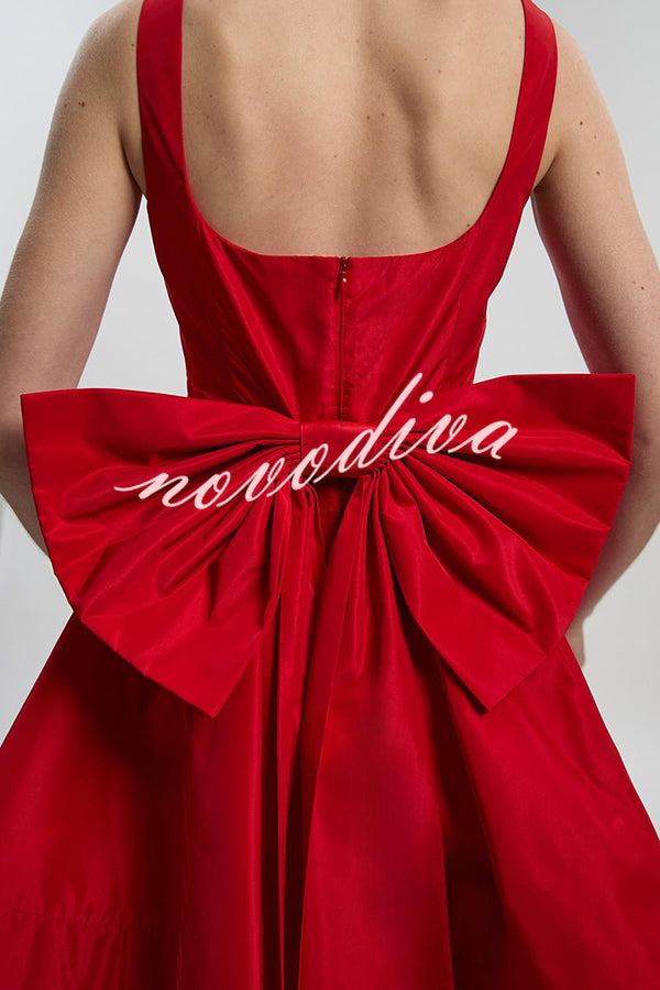 Red Drama Taffeta Square Neck Back Oversized Bow Pocket Mini Dress