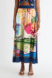 Seaside Holiday Satin Unique Print Knotted Scarf Top and Elastic Waist Loose Maxi Skirt Set