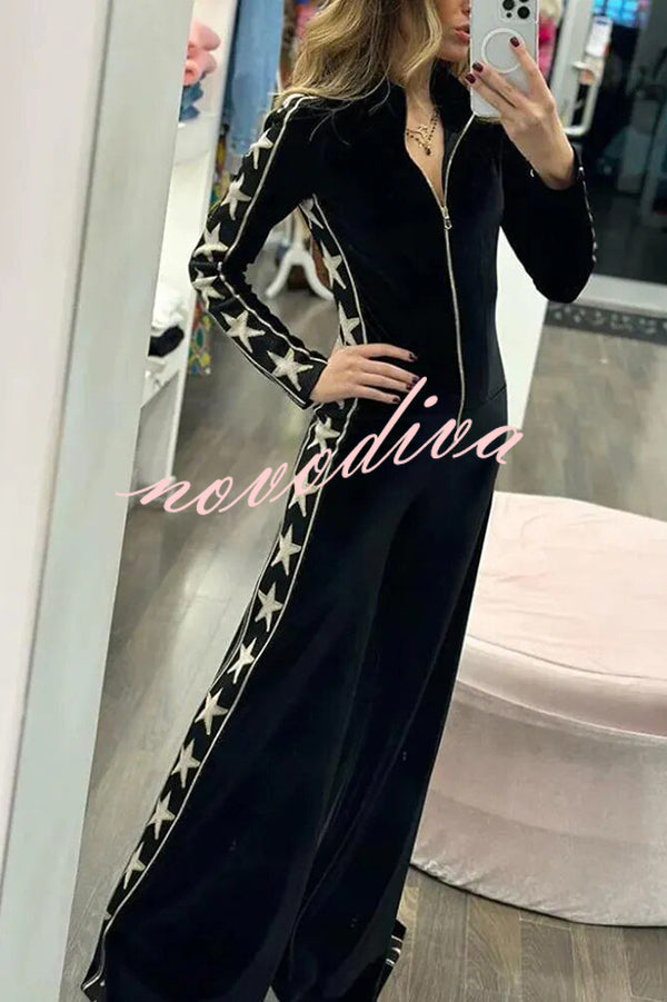 Star-print Velvet Patchwork Zipped Wide-leg Jumpsuit