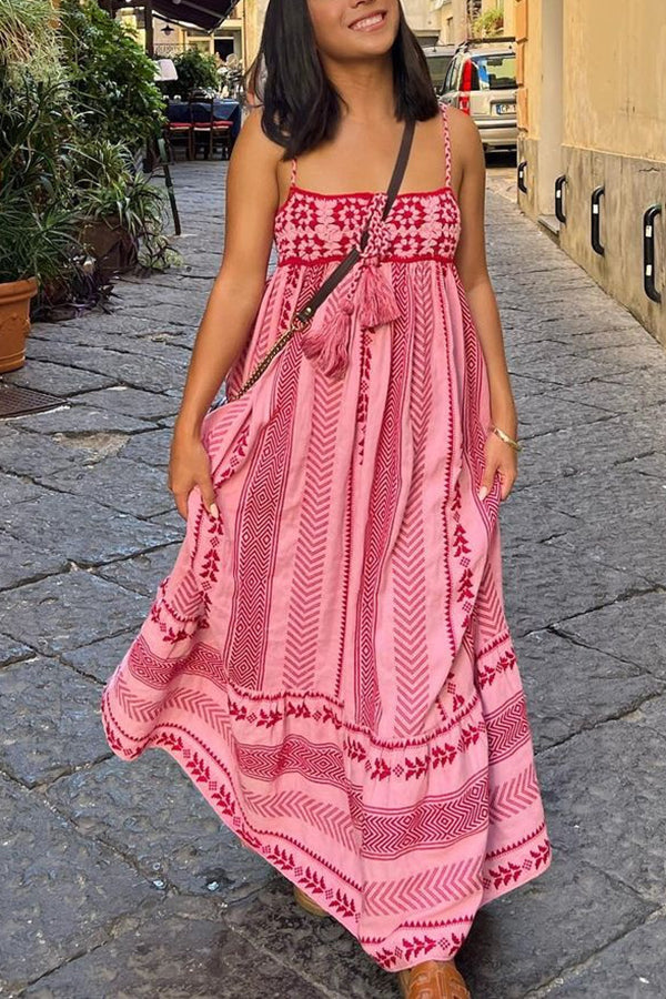 Unique Printed Patchwork Fringed Lace-up Maxi Dress