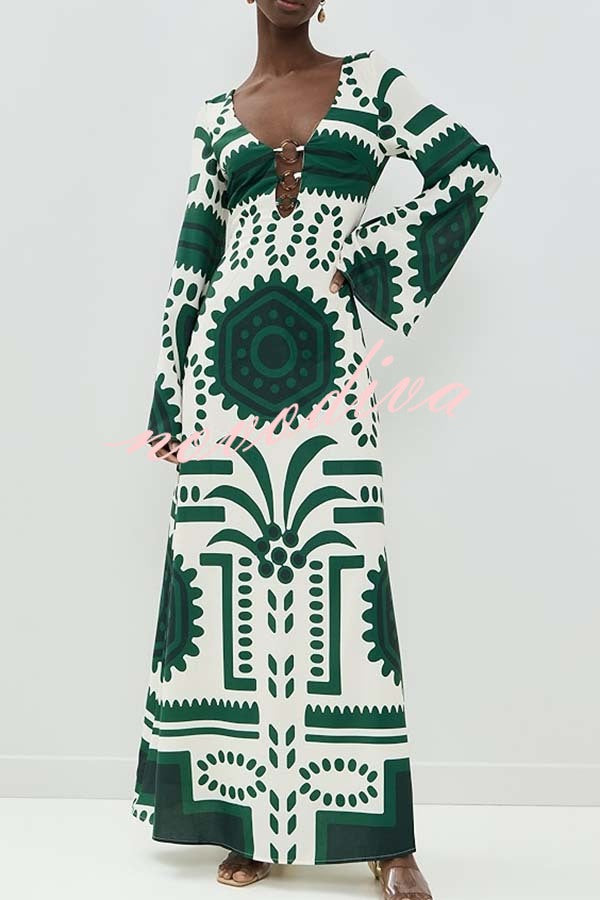 Holiday Fashion Unique Print Front Center Hollow Ring Long Sleeve Maxi Dress