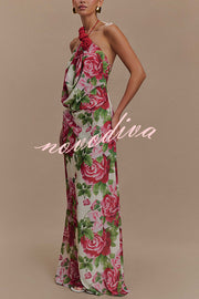 Elegance and Romance Chiffon Printed Rose Applique Cowl Neck Maxi Dress