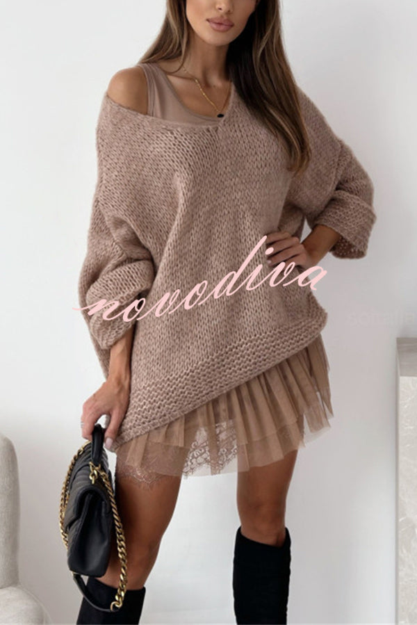 Solid Color Loose V-neck Casual Knitted Sweater