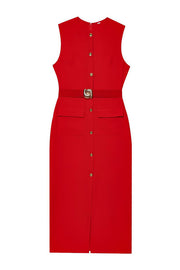 Danina Button Up Sleeveless Metal Belted Pocket Stretch Midi Dress