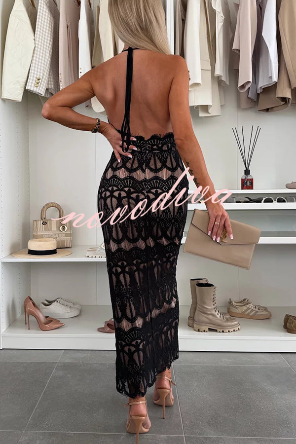 Paulette Unique Lace Halter Backless Slit Stretch Midi Dress