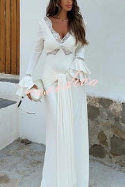 Fashion Lace Splicing Sexy V-neck Long-sleeved Slim Maxi Dress
