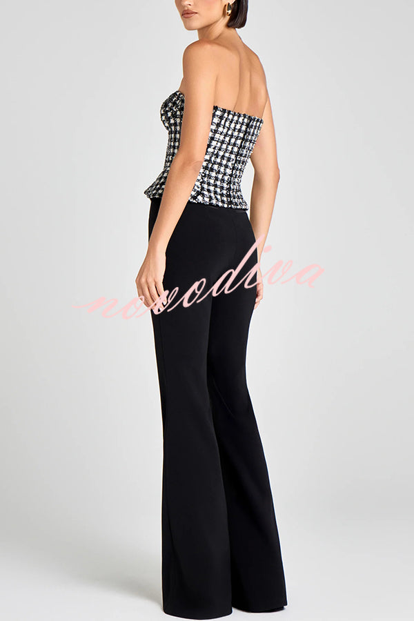 Maya Check Bouclé-tweed Fabric Sweetheart Neck Gold Button Strapless Tank
