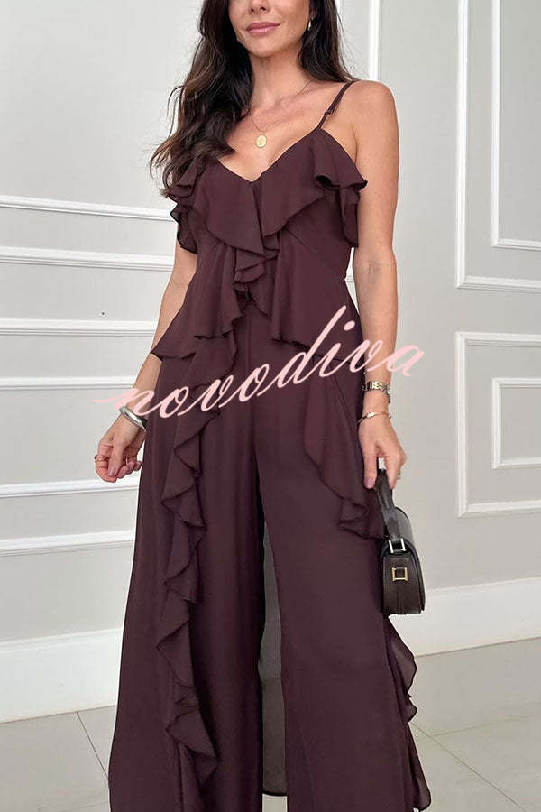 Agnes Chiffon Ruffle Front Slit Midi Slip Top and Elastic Waist Pocket Loose Pants Set