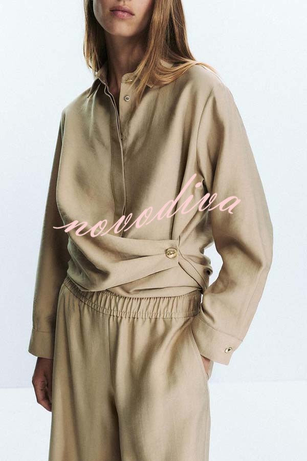 Juliette Cross-front Button Up Long Sleeve Shirt and Elastic Waist Pocket Loose Pants Set