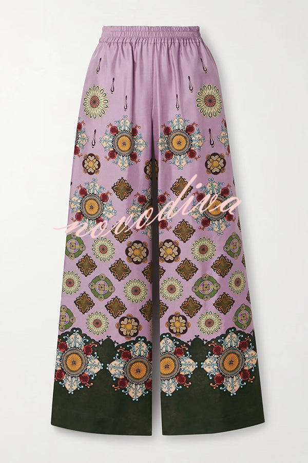 Satin Unique Print Loose Batwing Sleeve Top and Elastic Waist Pocket Casual Wide-leg Pants Set