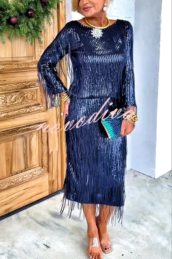 Insight Blueberry Sequin Fringe Long Sleeve Blouse