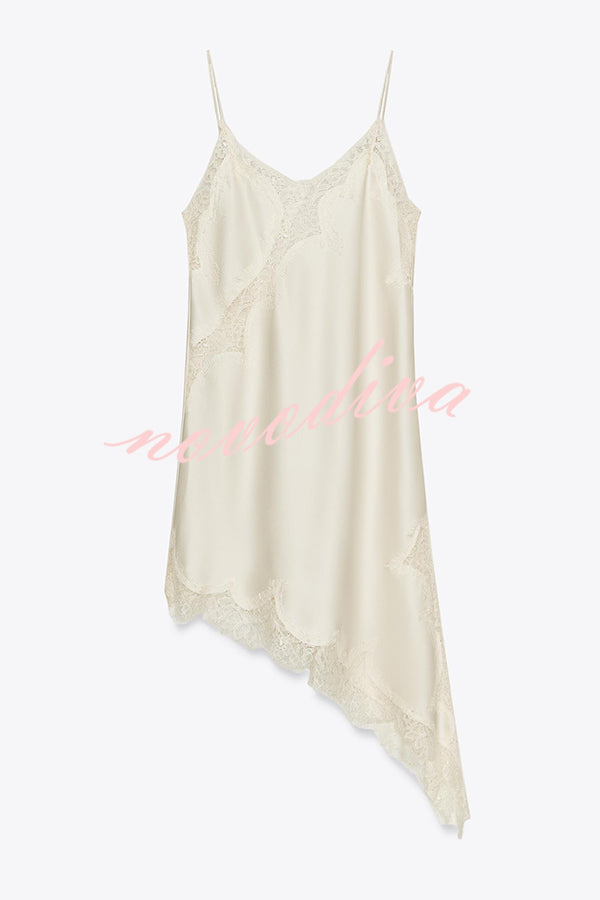 Satin Lace Trim V-neck Asymmetrical Hem Slip Mini Dress