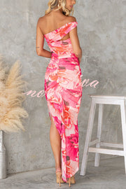 Imposter Mesh Floral Asymmetrical Neck Ruched Stretch Maxi Dress