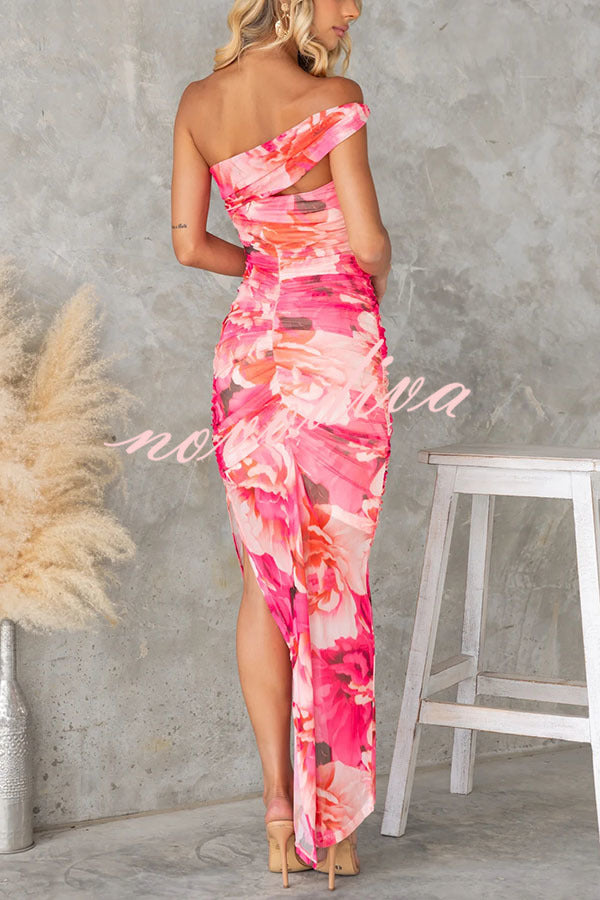 Imposter Mesh Floral Asymmetrical Neck Ruched Stretch Maxi Dress