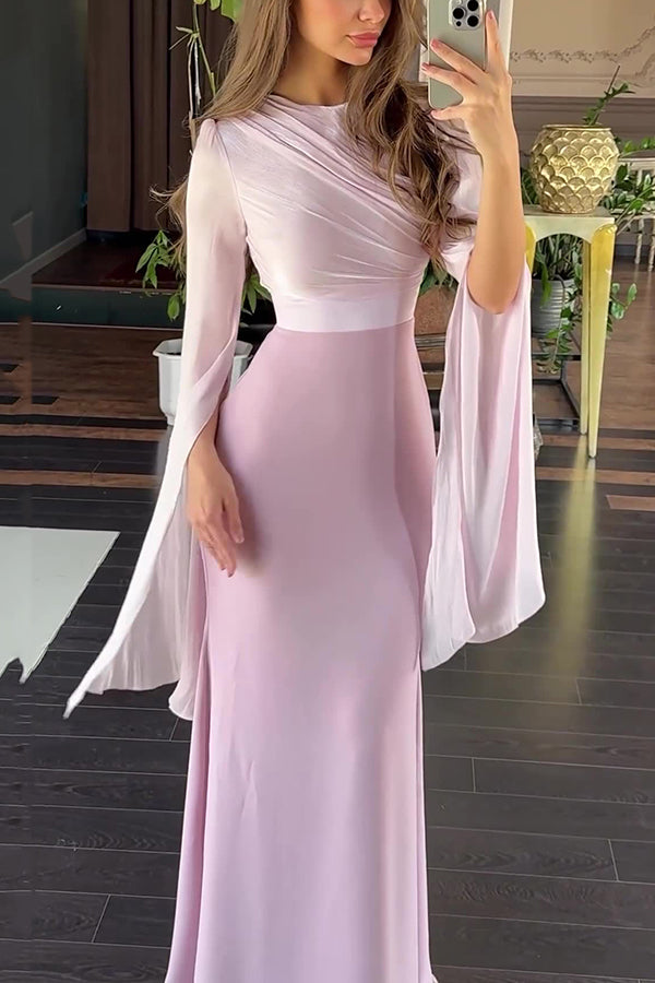 Fashionable Slit Long-sleeved Patchwork Slim-fit Maxi Dress