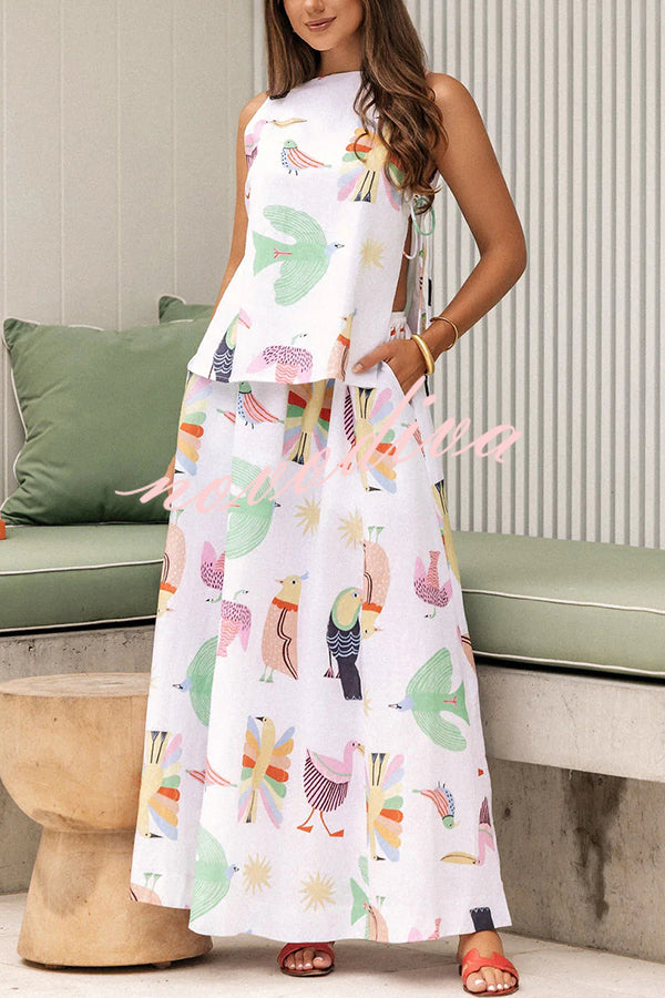 Island Paradise Linen Blend Unique Print Tie-up Slit Tank and Elastic Waist Pocketed Maxi Skirt Set