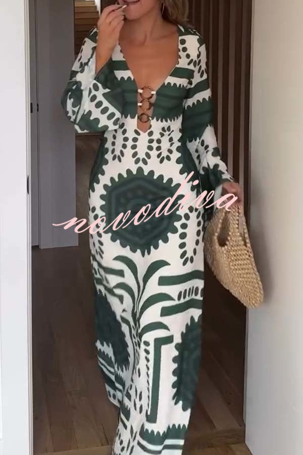 Holiday Fashion Unique Print Front Center Hollow Ring Long Sleeve Maxi Dress