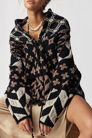 Unique Pattern Lapel Loose Long-sleeved Knitted Sweater