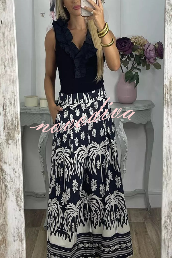 Unique Print Elastic Waist Loose Pocket Holiday Wide Leg Pants