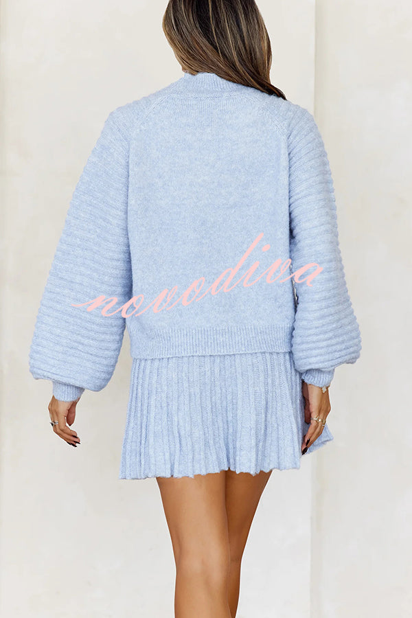Solid Color Round Neck Puff Sleeve Loose Knit Sweater and Casual Striped Mini Skirt Set