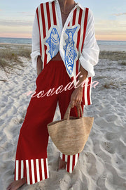 Striped Fish Print Oversized Shirt and Elastic Waist Pocket Pants Set