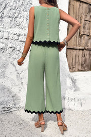 Wave Trimmed Round Neck Buttoned Elastic Waist Pants Suit