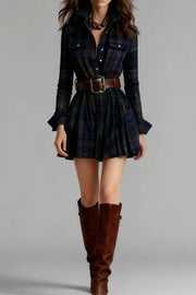Plaid Print Lapel Long Sleeve Fitted Waist Pocket Casual Mini Dress