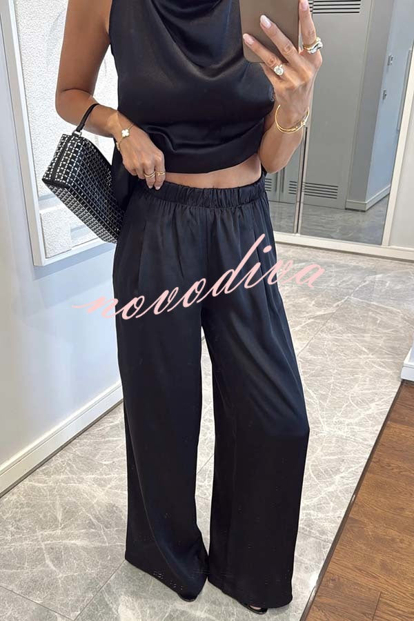 Classic on You Satin High Cowl Neck Top and Elastic Waist Pocket Loose Pants Set