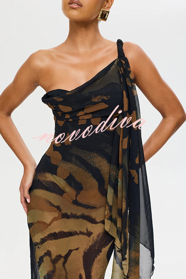 Unique Print Sexy One Shoulder Slim High Slit Maxi Dress