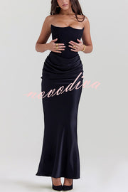 Persephone Crepe and Satin Patchwork Off Shoulder Ruched Maxi Dress