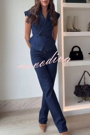 Charley Denim Button Up Cap Short Sleeve Structured Tie-up Lapel Top