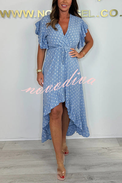 Resort Style V-neck Ruffle Sleeves Waist Tie Irregular Midi Dress