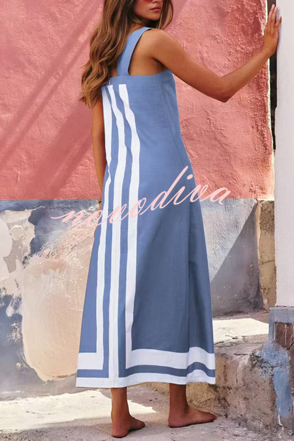 Striped Print Resort Style Casual Sling Maxi Dress