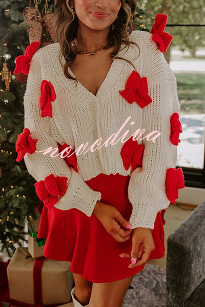 Wrapped in Bows Knit Color-blocked Loose V-neck Long-sleeved Cardigan