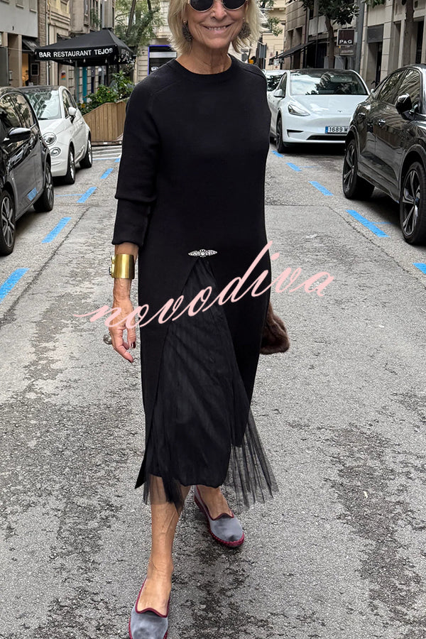 Jollie Knit Long Sleeve Front Slit Midi Sweater and Pleated Tulle Stretch Tank Midi Dress Two-piece Set