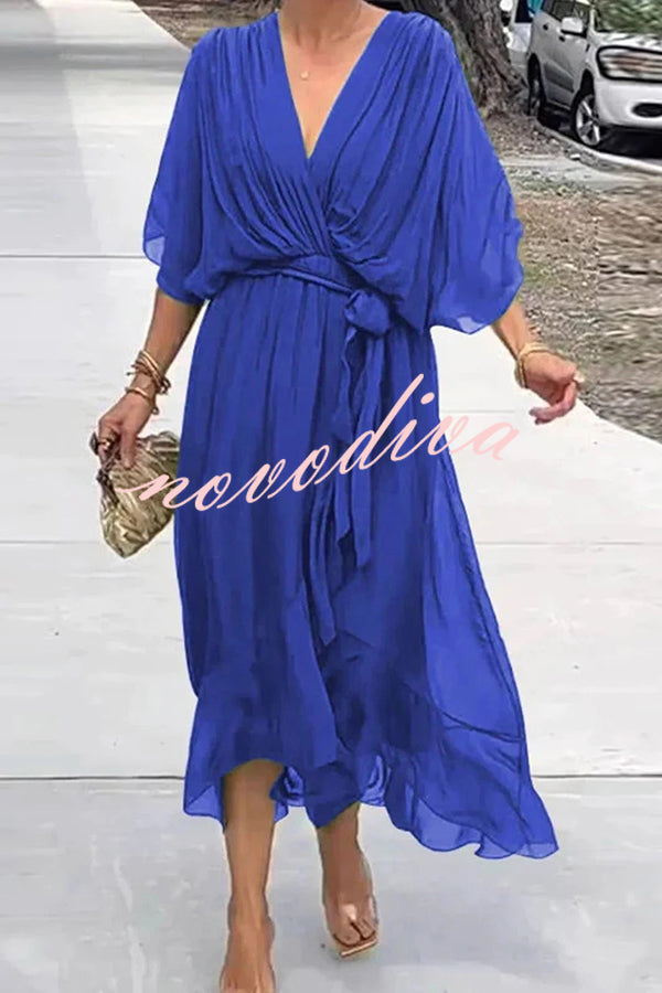 Solid Color V-neck Bat Sleeve Lace-up Irregular Hem Midi Dress