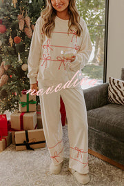 Candy Cane Cutie Loose Bow Tie Long-Sleeved Sweatshirt and Elastic Waist Pocket Pants Set